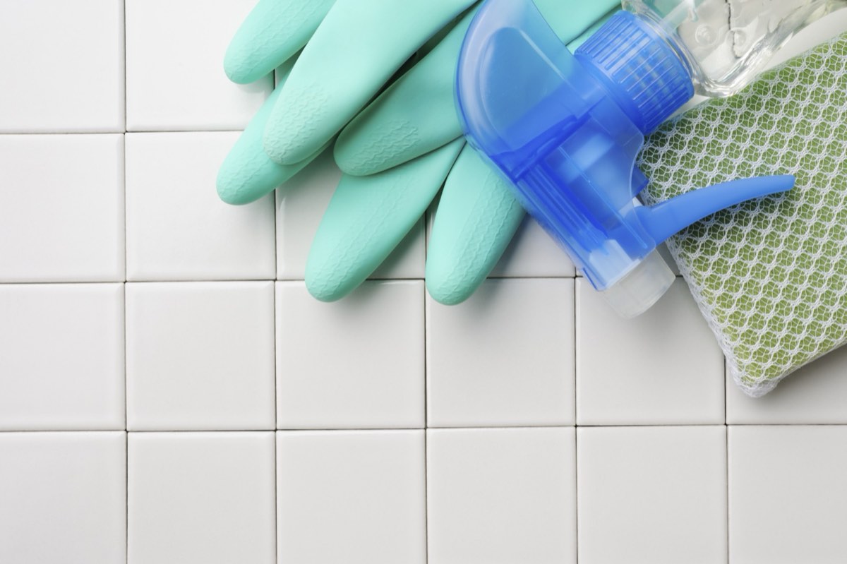 Professional cleaning gloves, spray bottle and cloth used by Mack cleaners